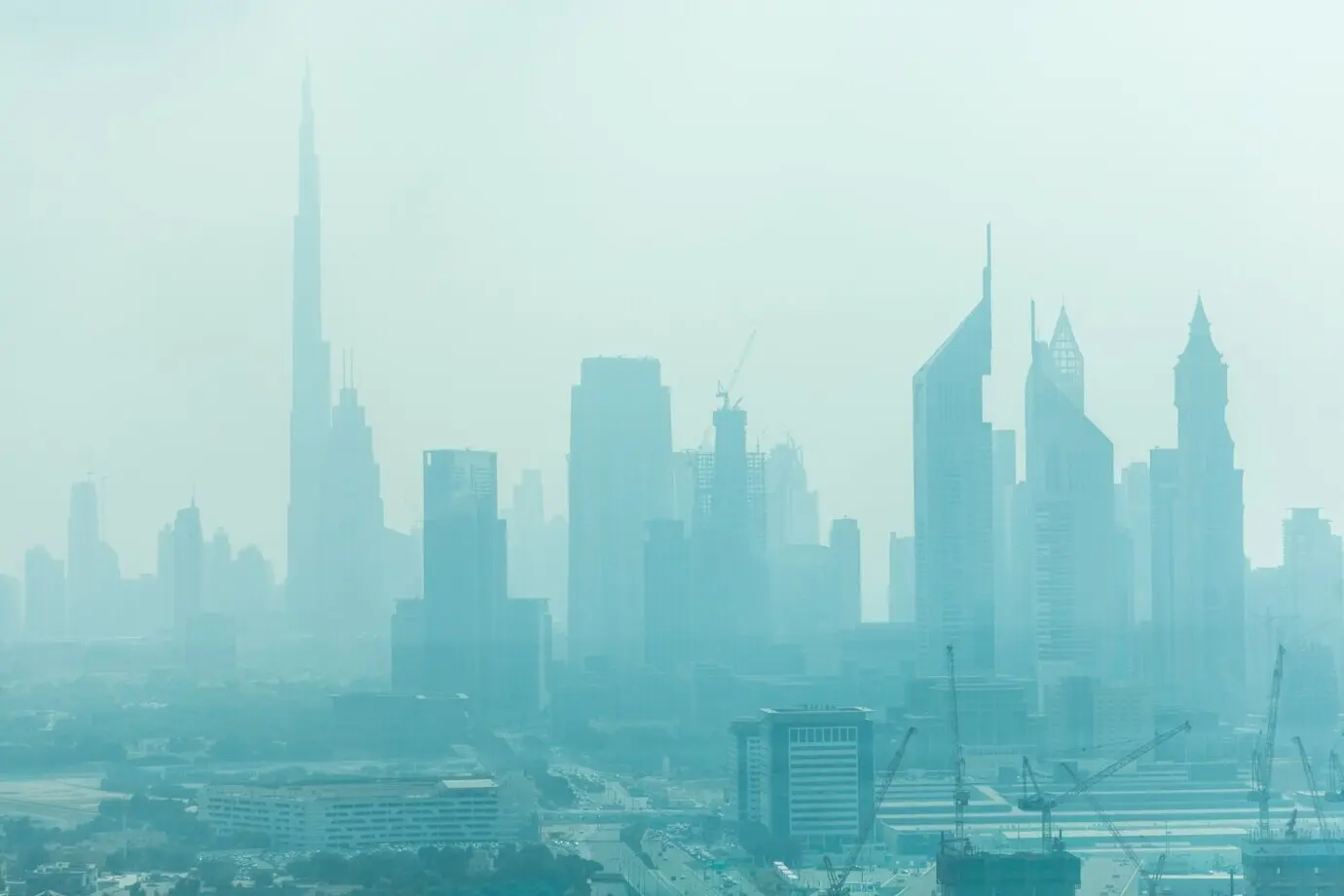 Dubai’s beautiful skyline surrounded by sand dust in daylight